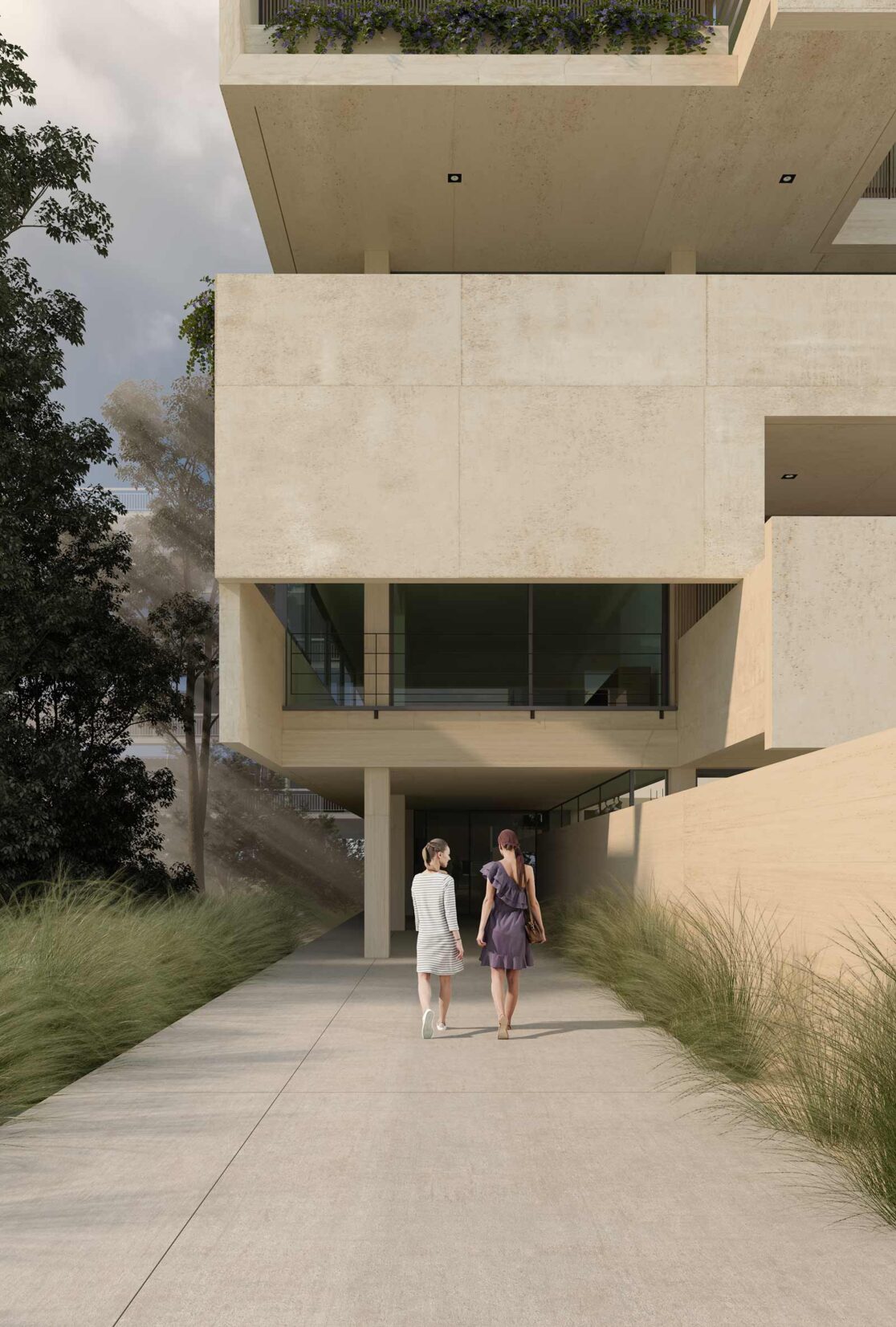 ArchEnnea proposal for a new apartment building in southern suburbs of Athens: Entrance view