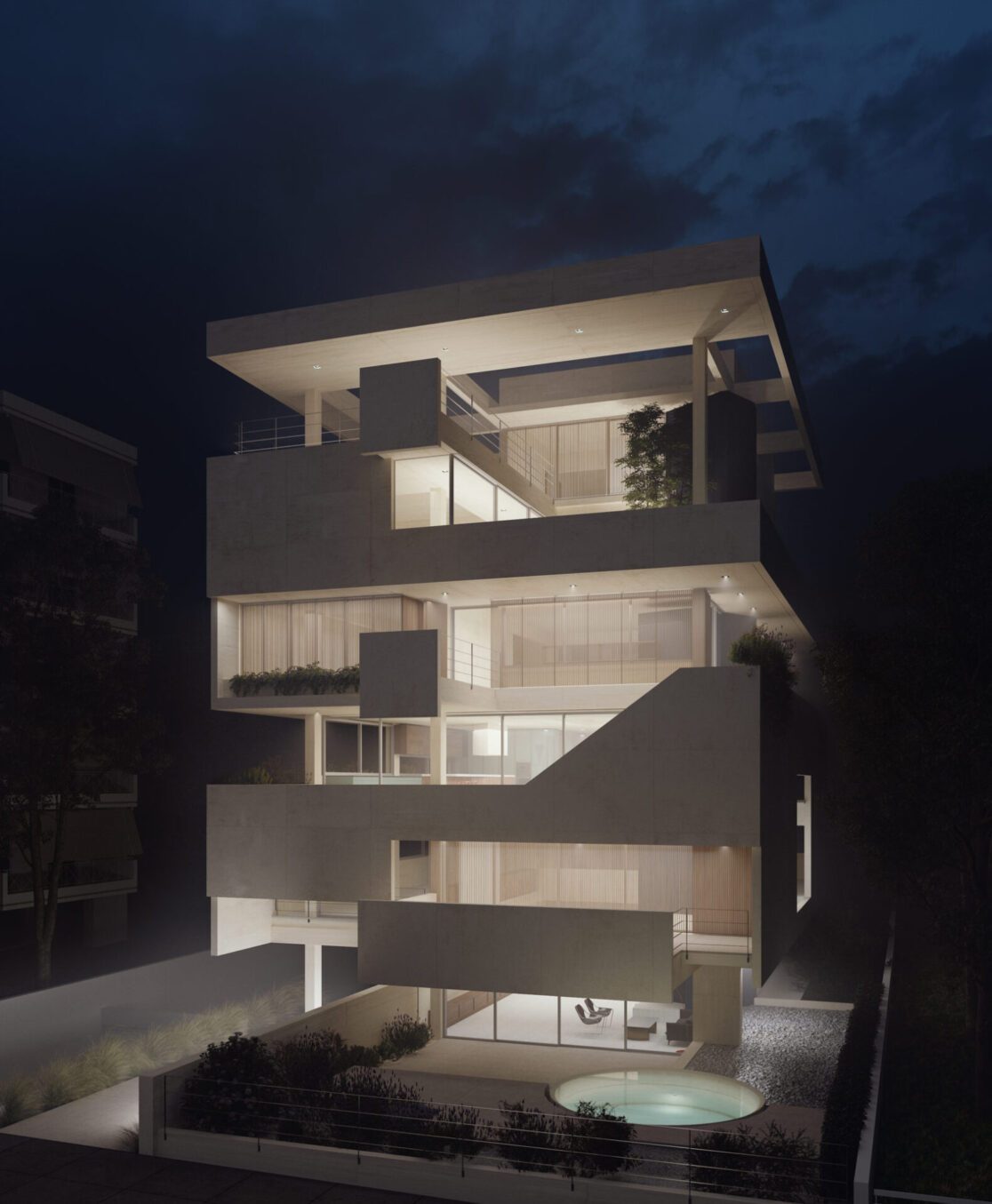 ArchEnnea proposal for a new apartment building in southern suburbs of Athens: Night view
